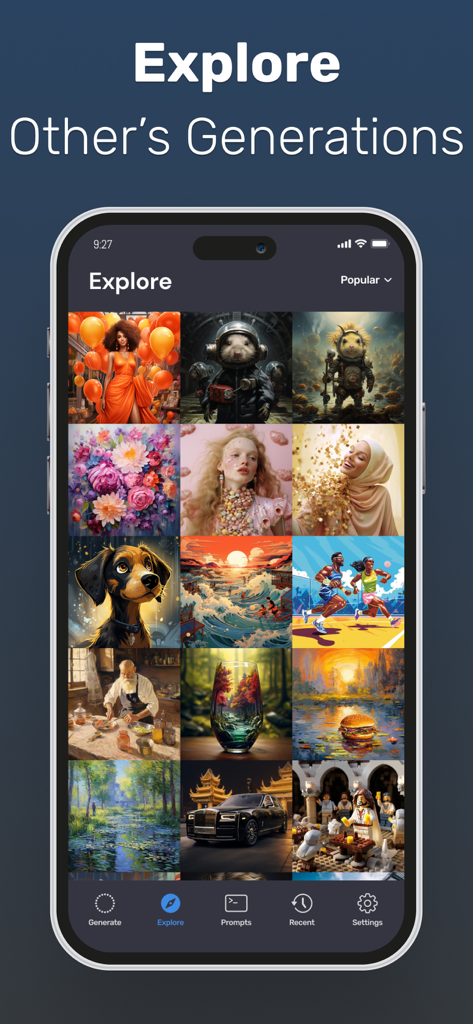 MiM Studio app interface showing the explore section with a grid of diverse AI generated artwork