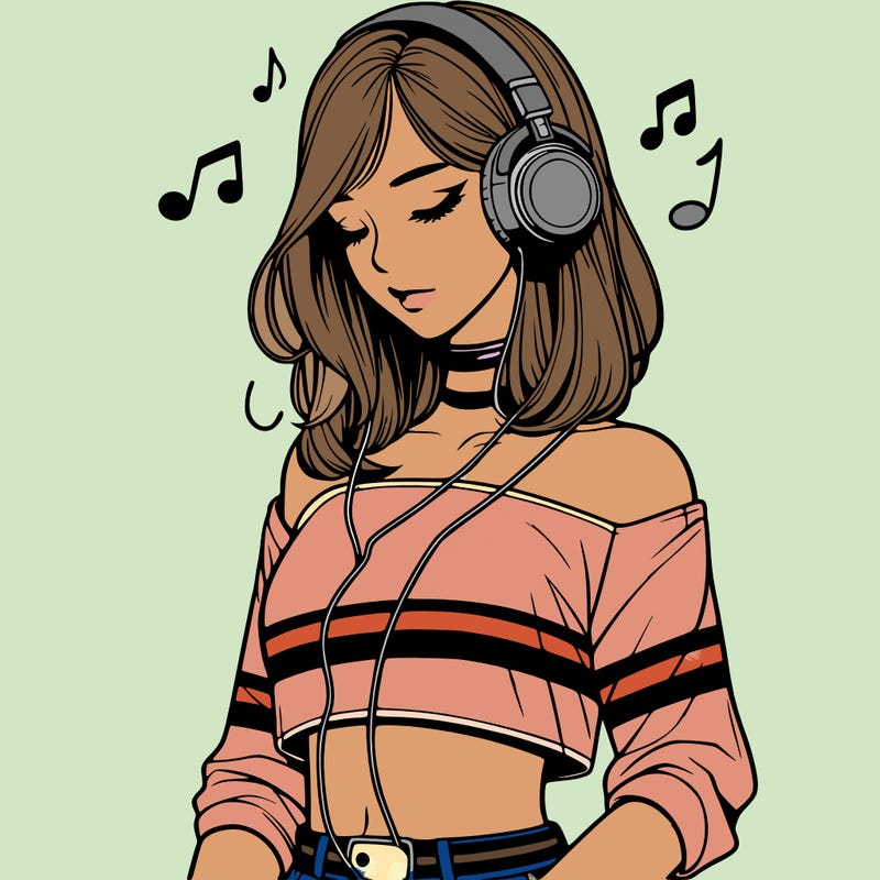 realistic girl wearing crop top looking down with headphones on her head