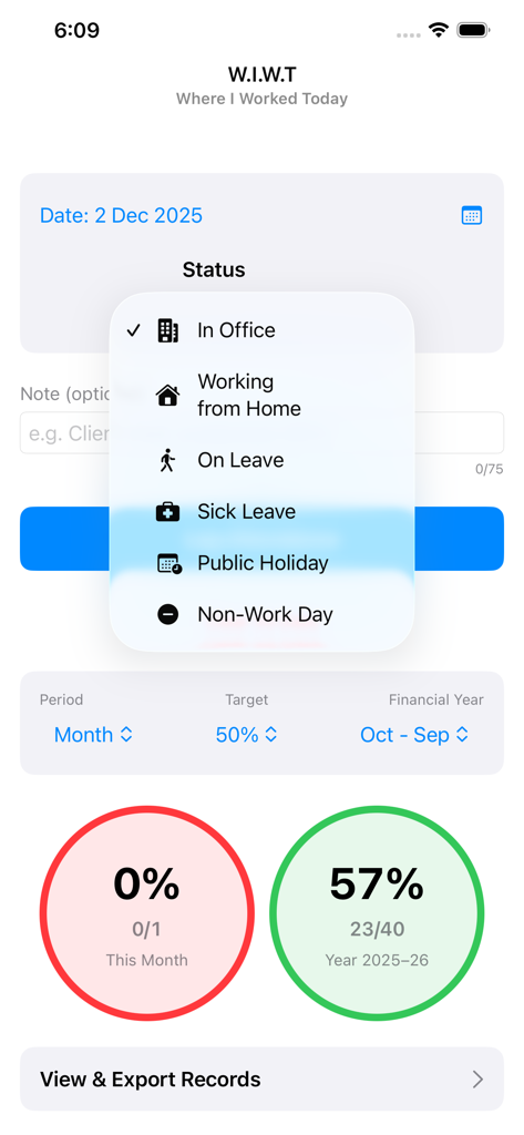 Interfaz de la aplicación Dónde Trabajé Hoy que muestra el menú de estado de ubicación de trabajo y los anillos de progreso de asistencia.