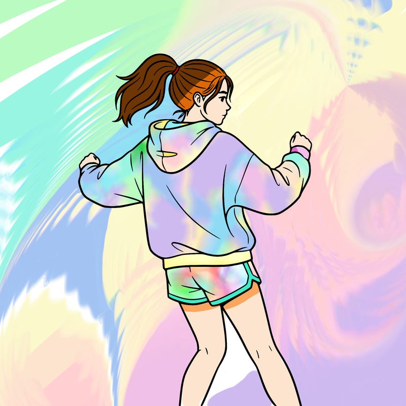 the girl who turns around in shorts and a sweatshirt