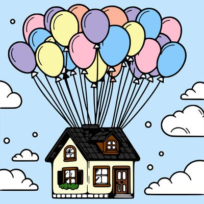 house floating from lots of balloons