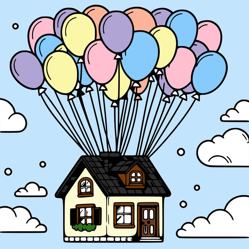 house floating from lots of balloons
