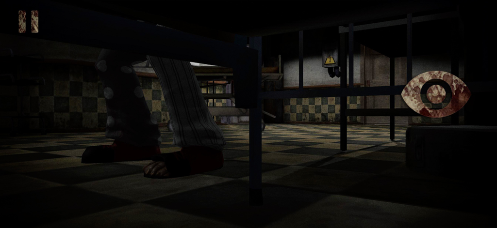 A player character hiding under a bed in a dark room with a checkered floor in the Death Park game