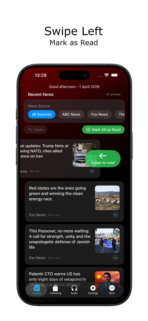 Headly - AI News Summary - Interface de l'application Headly AI News montrant la fonction de balayage vers la gauche pour marquer comme lu