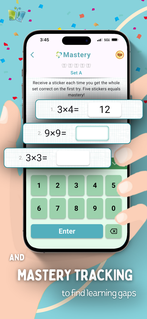Musical Multiplication - Musical Multiplication app mastery tracking screen showing multiplication problems and a numeric keypad.
