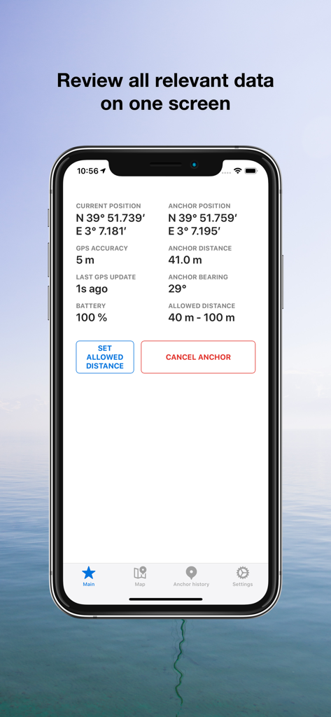 Anchor Pro - Tableau de bord principal de l'application Anchor Pro affichant la position GPS actuelle et la distance de l'ancre pour les plaisanciers