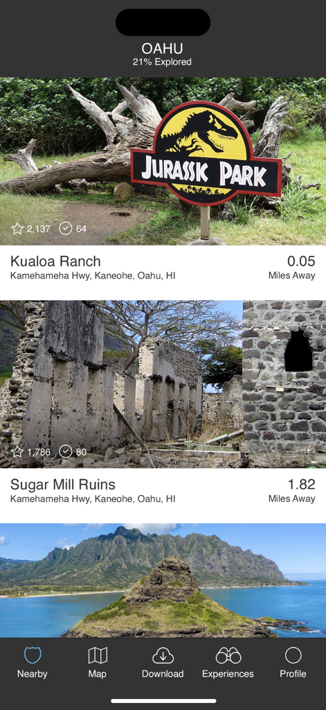 Oahu Offline Island Guide - Oahu travel app showing nearby attractions like Kualoa Ranch and Sugar Mill Ruins