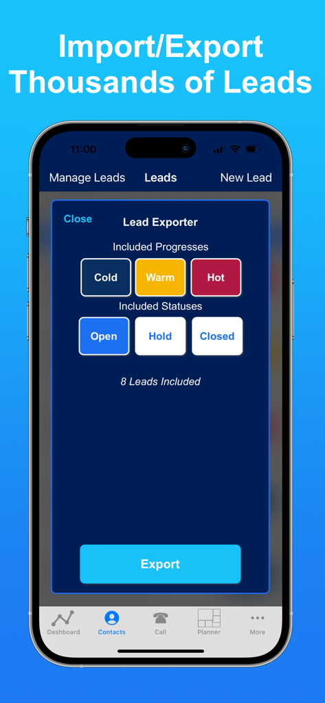 Tela do iPhone mostrando o recurso Exportador de Leads no app SwiftCall CRM com filtros de status e progresso