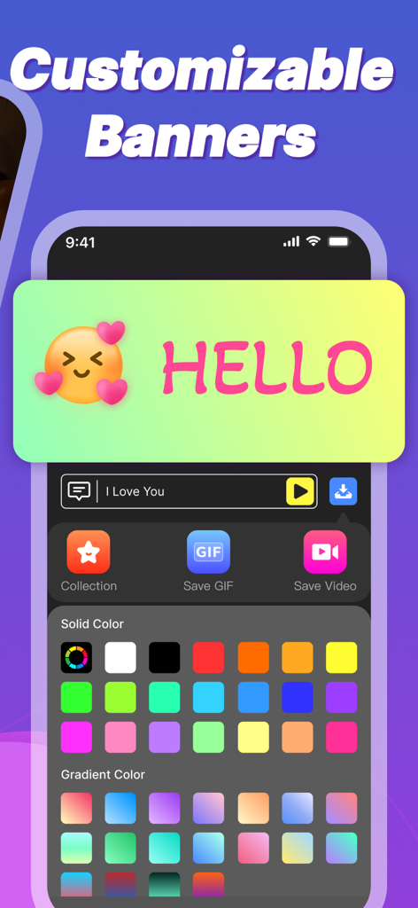 LED Banner - Big Text Display - Interface of the LED Banner app showing a customizable yellow and green gradient sign with an emoji and the word HELLO