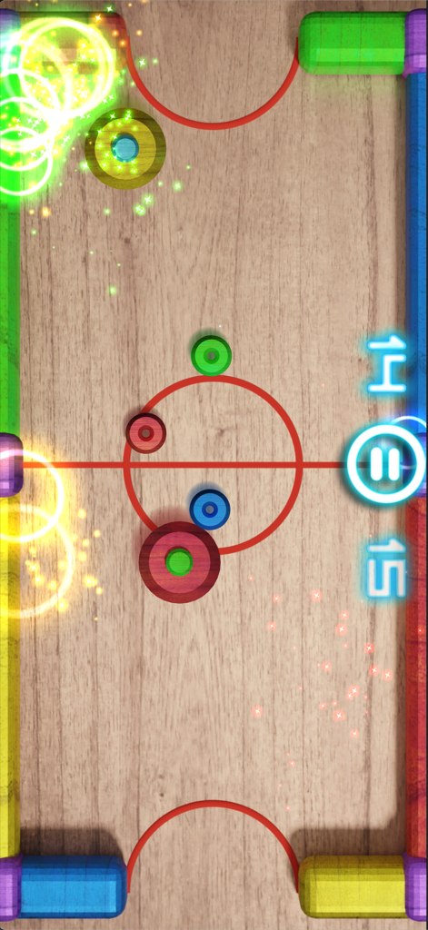 Juego de air hockey Glow Hockey 2 en una mesa con tema de madera con puntuaciones brillantes