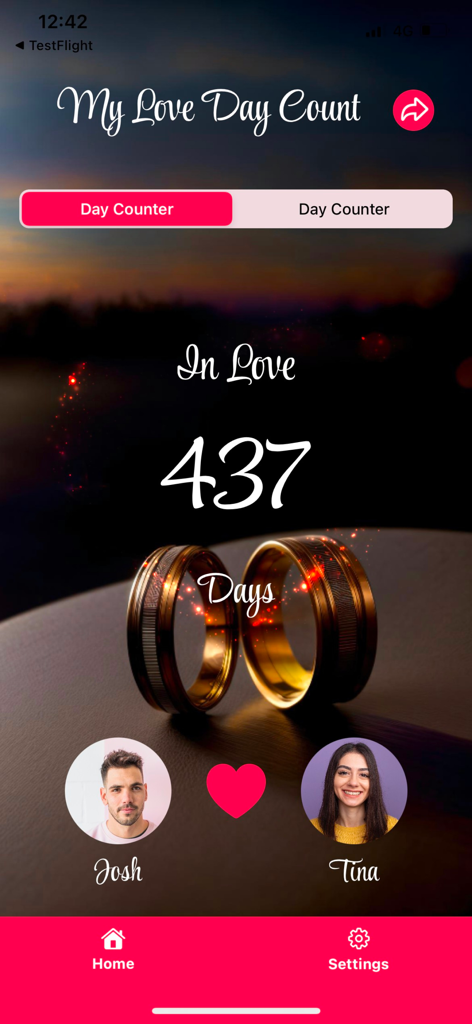 My Love Relationship Tracker app interface showing a 437 day counter with wedding rings background
