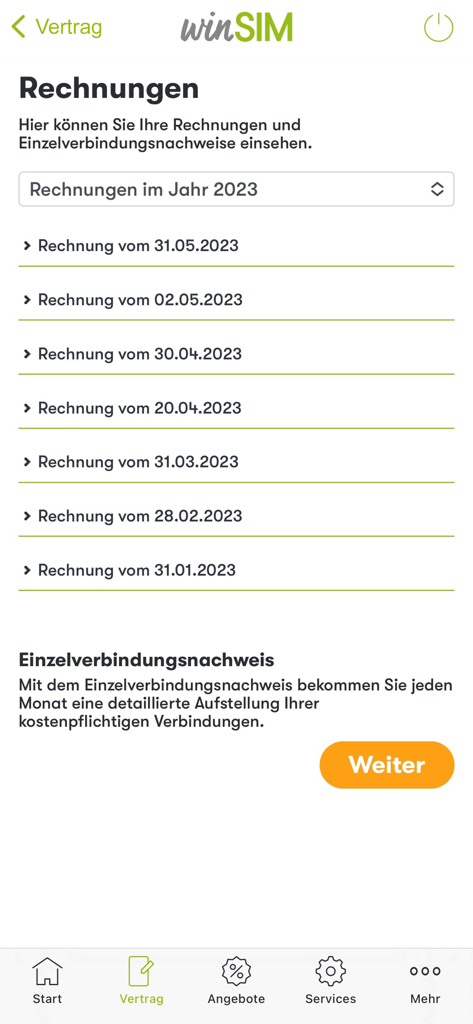 winSIM Servicewelt - Eine Liste monatlicher Rechnungen und Abrechnungsinformationen in der winSIM Mobilfunk-App