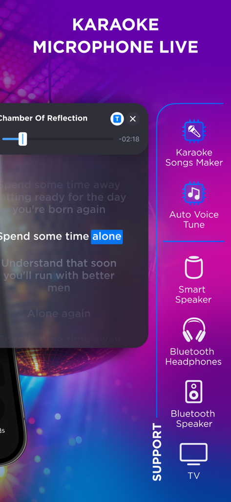 My Microphone: Voice Amplifier - Interface of My Microphone app showing karaoke mode with synced lyrics and various device output options like bluetooth speakers and TV