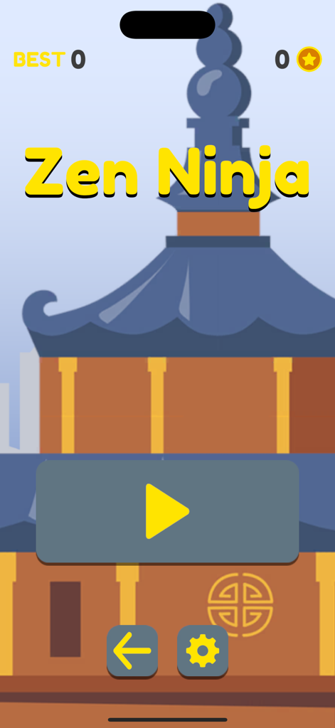 Grand Mondial Mobile - Grand Mondialアプリ内の pagodのイラストと再生ボタンを備えたZen Ninjaミニゲーム画面。