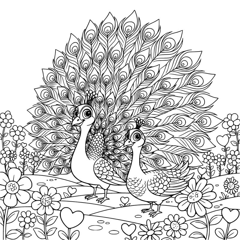 a peacock with open feathers and pea hen in a garden full of flowers and hearts