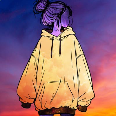 realistic girl with a oversized sweatshirt on and a bun