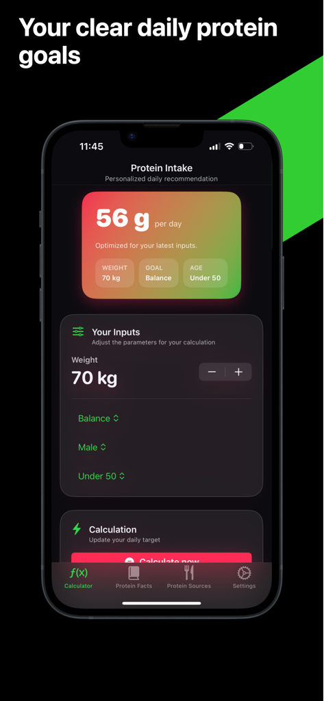 Protein Calculator – Guide - Mobile app interface showing a personalized daily protein intake recommendation of 56 grams.