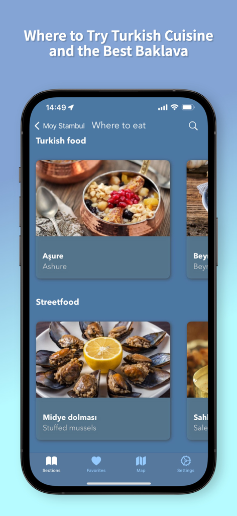Capture d'écran de l'application MyIstanbul montrant des recommandations de cuisine turque et de street food comme les moules farcies