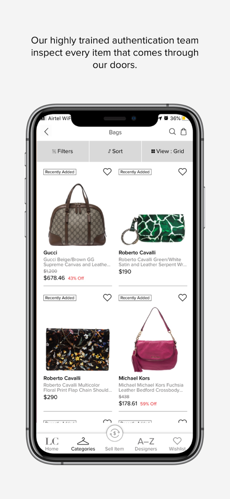 Interfaccia dell'app The Luxury Closet che mostra una selezione di borse firmate autenticate di Gucci e Michael Kors con sconti sul prezzo.