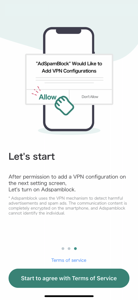 AdSpamBlock -adblocker - Setup screen of AdSpamBlock app requesting VPN configuration permission on an iPhone.