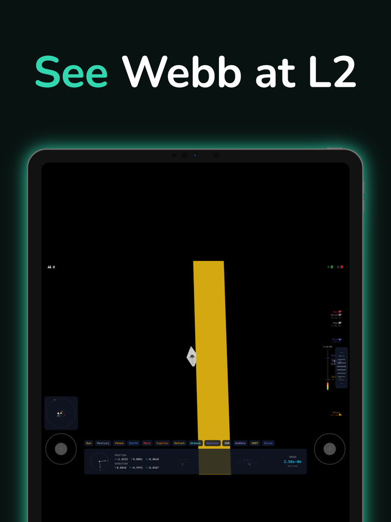 ArtemisLive - Aplicativo ArtemisLive no iPad exibindo rastreamento 3D em tempo real do Telescópio Espacial James Webb no ponto de estacionamento L2.