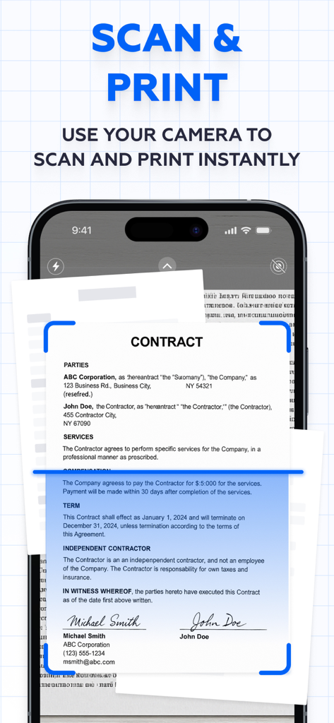 Print from Phone - Printly - iPhone screen showing the Printly app scanning a business contract for instant printing
