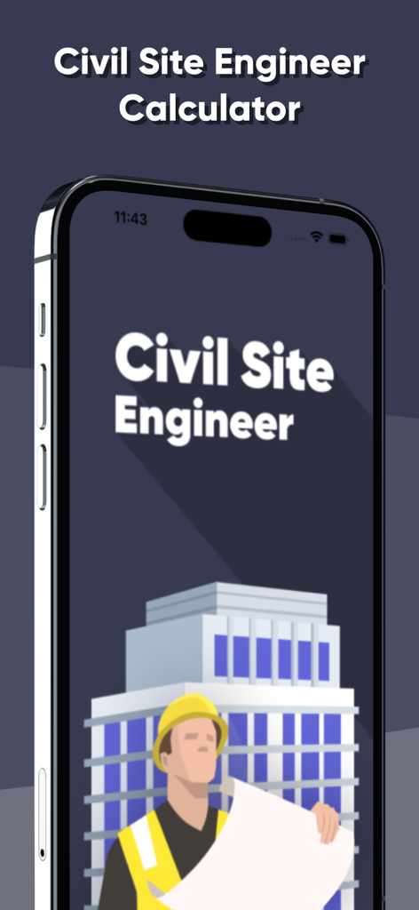 Civil Site Engineer App - Startbildschirm der Civil Site Engineer Calculator App mit einem Ingenieur, der eine Bauzeichnung und ein Gebäude hält