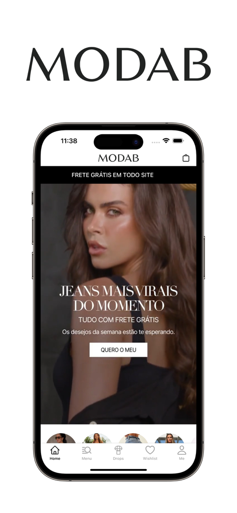 MODAB mobile app home screen featuring shaping jeans and free shipping offer