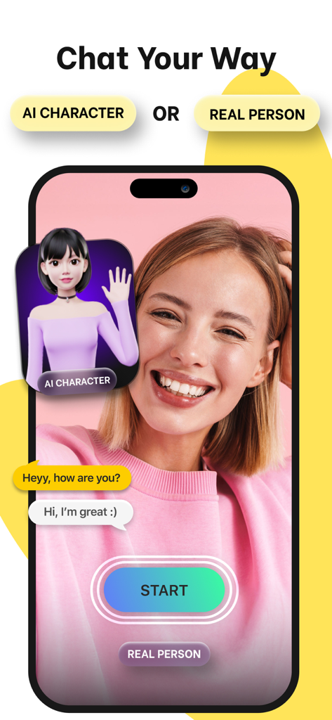 Juds- AI Friend & Chat - Pantalla de la aplicación móvil mostrando opciones para chatear con un personaje IA o una persona real