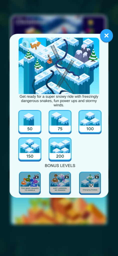 Snowy winter level selection screen with bonus challenges in the Snakes and Ladders Multiplayer game app.
