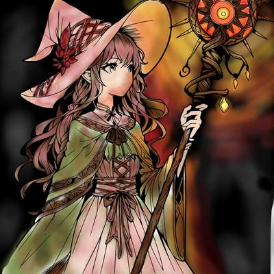 a realistic fantasy manga witch with a staff