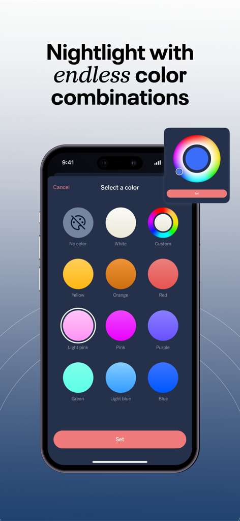 La interfaz de la aplicación Nanit Sonido y Luz que muestra una cuadrícula de selección de color con varias opciones vibrantes para una luz nocturna infantil personalizable.