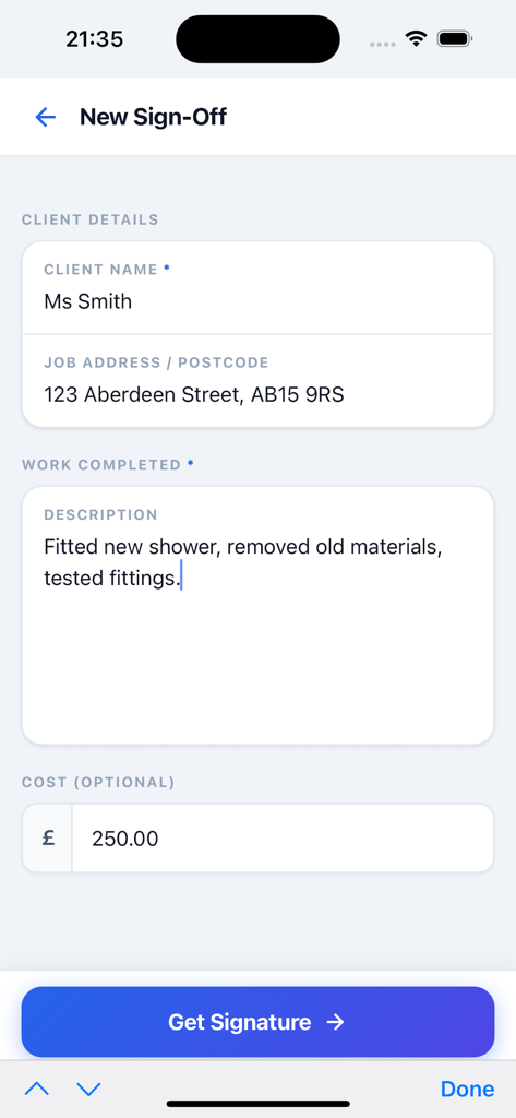 Interface mobile de l'application Sign-Off On Glass montrant un formulaire de nouvelle fin de travaux avec les détails du client et la description du travail.