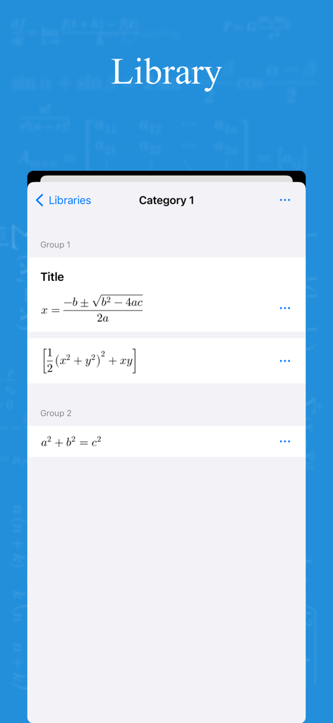 xFormula - Equation Editor - Library interface of the xFormula app showing organized math equations and categories