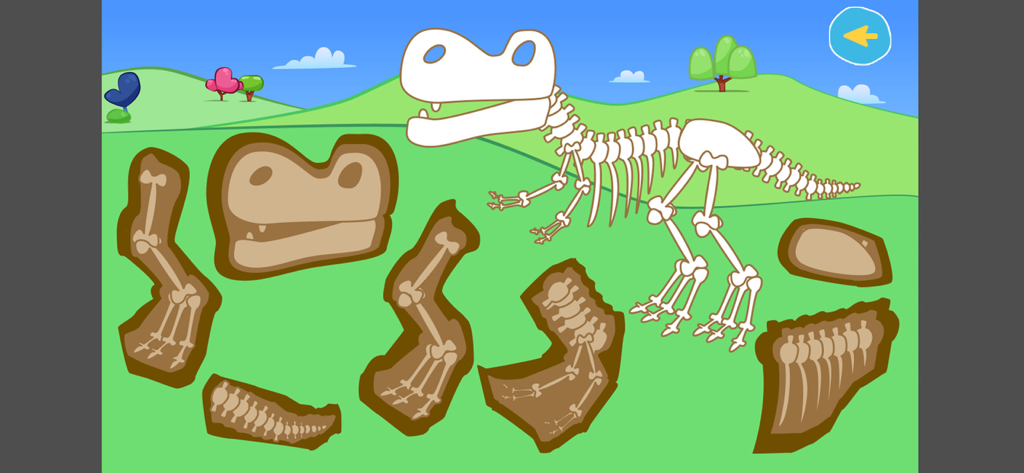 Minijuego de rompecabezas de dinosaurios para niños que muestra un T-Rex y las piezas de sus huesos