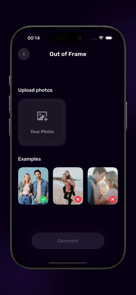 AI Effects Video Maker - User interface of AI Effects Video Maker app showing photo upload for the Out of Frame effect