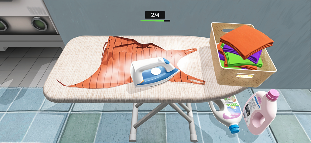 Bügeleisen für Kleidung auf einem Bügelbrett in der Simulationsspiel Laundry Manager