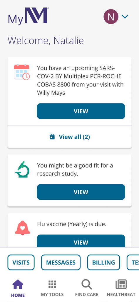 Patient dashboard of the MyNM app showing medical reminders and health alerts.