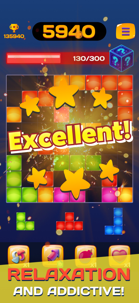 Block Blaster: Puzzle Games - A vibrant gameplay screen of Block Blaster Puzzle Games showing a successful move and Excellent text
