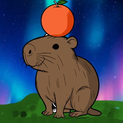 capybara that is balancing a orange on its head