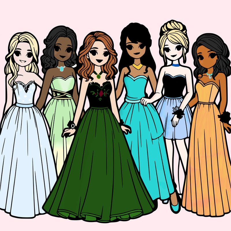group of teenage girls in prom dresses