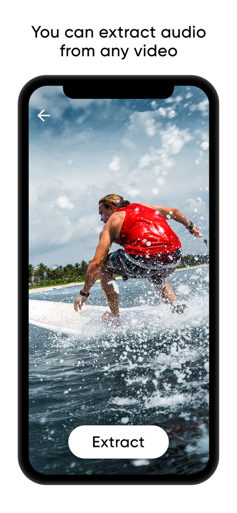 A mobile application interface displaying a video of a surfer with an extract button to convert video files into audio.