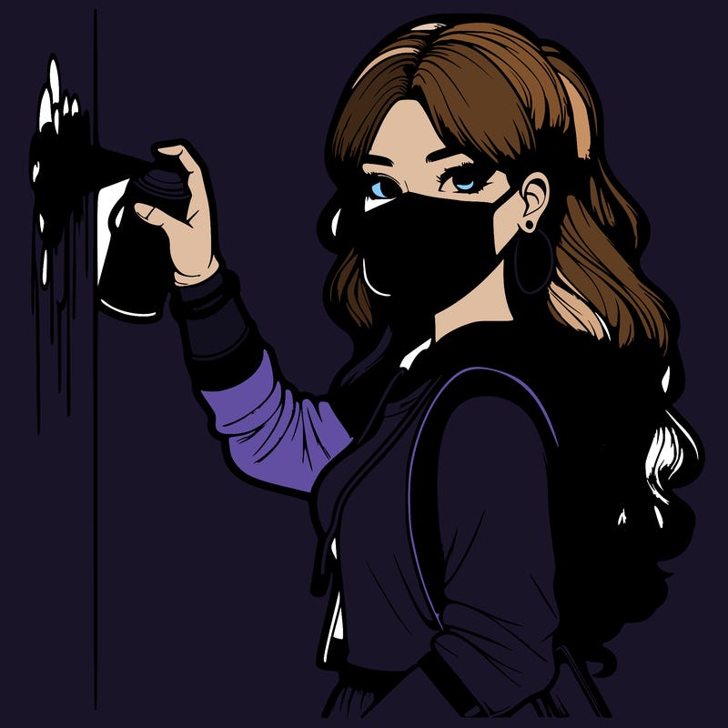 realistic girl with mask spray painting a wall