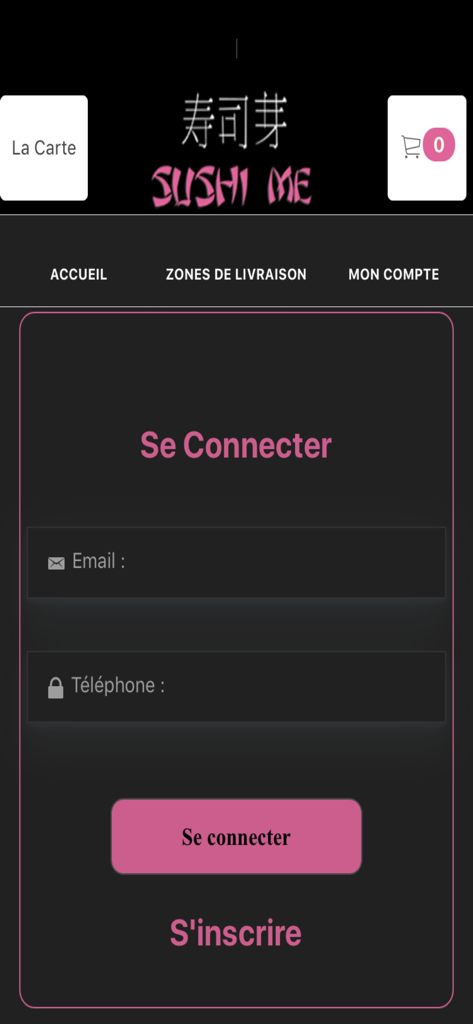 Interfaccia di accesso per l'app del ristorante Sushi Me con campi email e numero di telefono