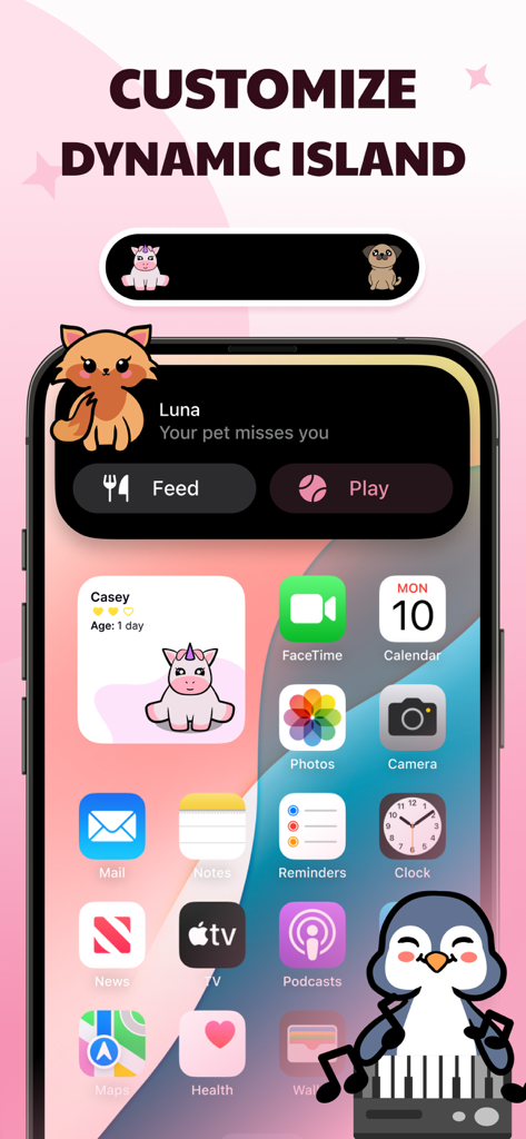 Raise Virtual Pets: Widgets - iPhone screen displaying virtual pet widgets and dynamic island customization with feed and play options
