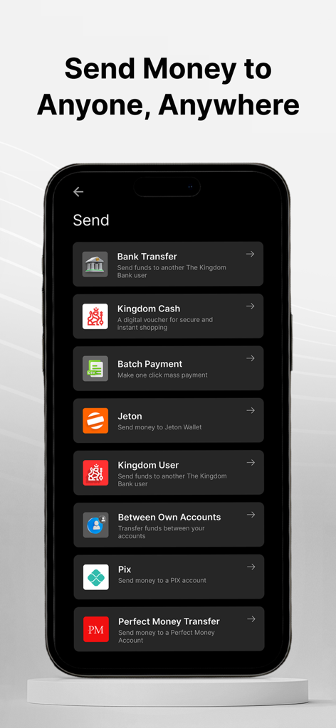 The Kingdom Bank App-Bildschirm mit globalen Geldtransferoptionen wie Banküberweisungen, Stapelzahlungen und digitalen Geldbörsen