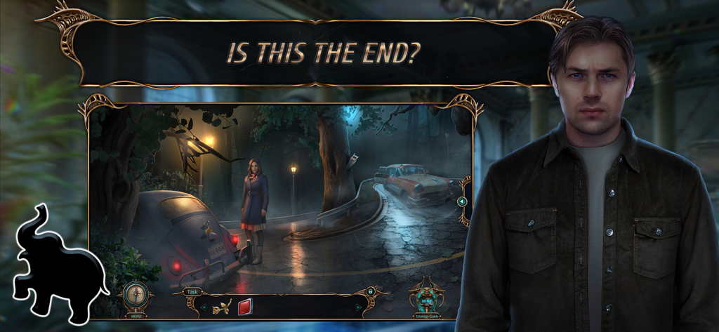 A screenshot of the character James and a mysterious foggy night scene from the game Haunted Hotel Lost Time