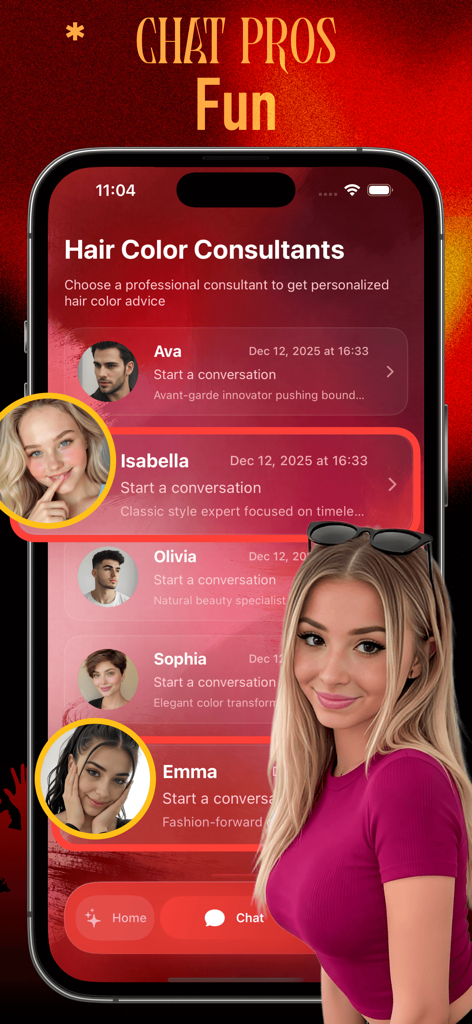 Crao - Interface do aplicativo Crao mostrando a tela de chat de consultores de estilo de cabelo com especialistas de IA personalizados.