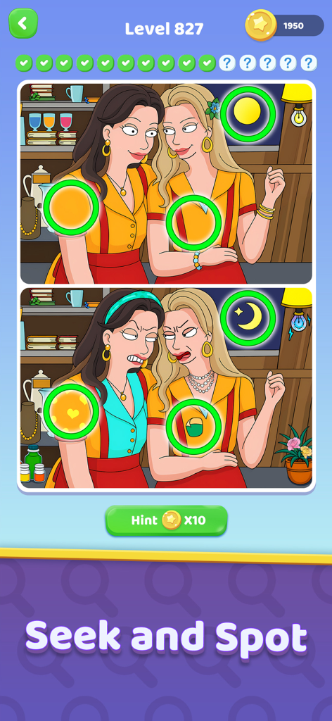 Captura de pantalla de un juego de rompecabezas de "encuentra las diferencias" que muestra dos ilustraciones de dibujos animados de mujeres con diferencias resaltadas.