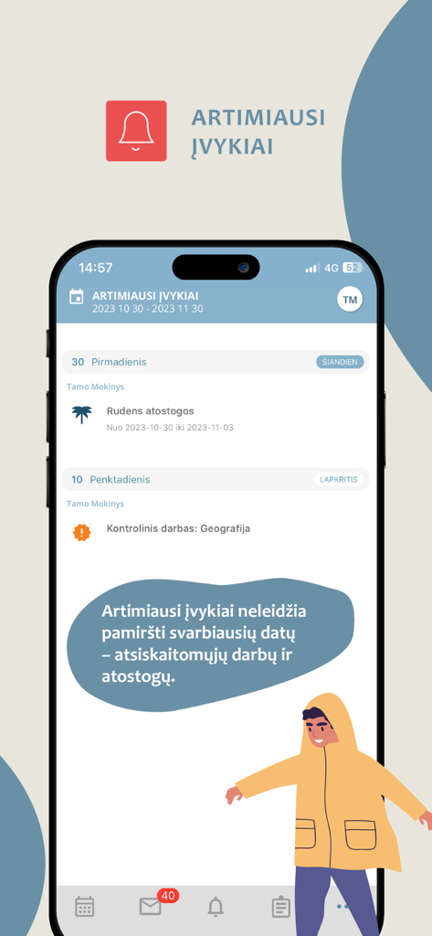 TAMO Ismaniems app interface displaying a school calendar with upcoming events like holidays and exams